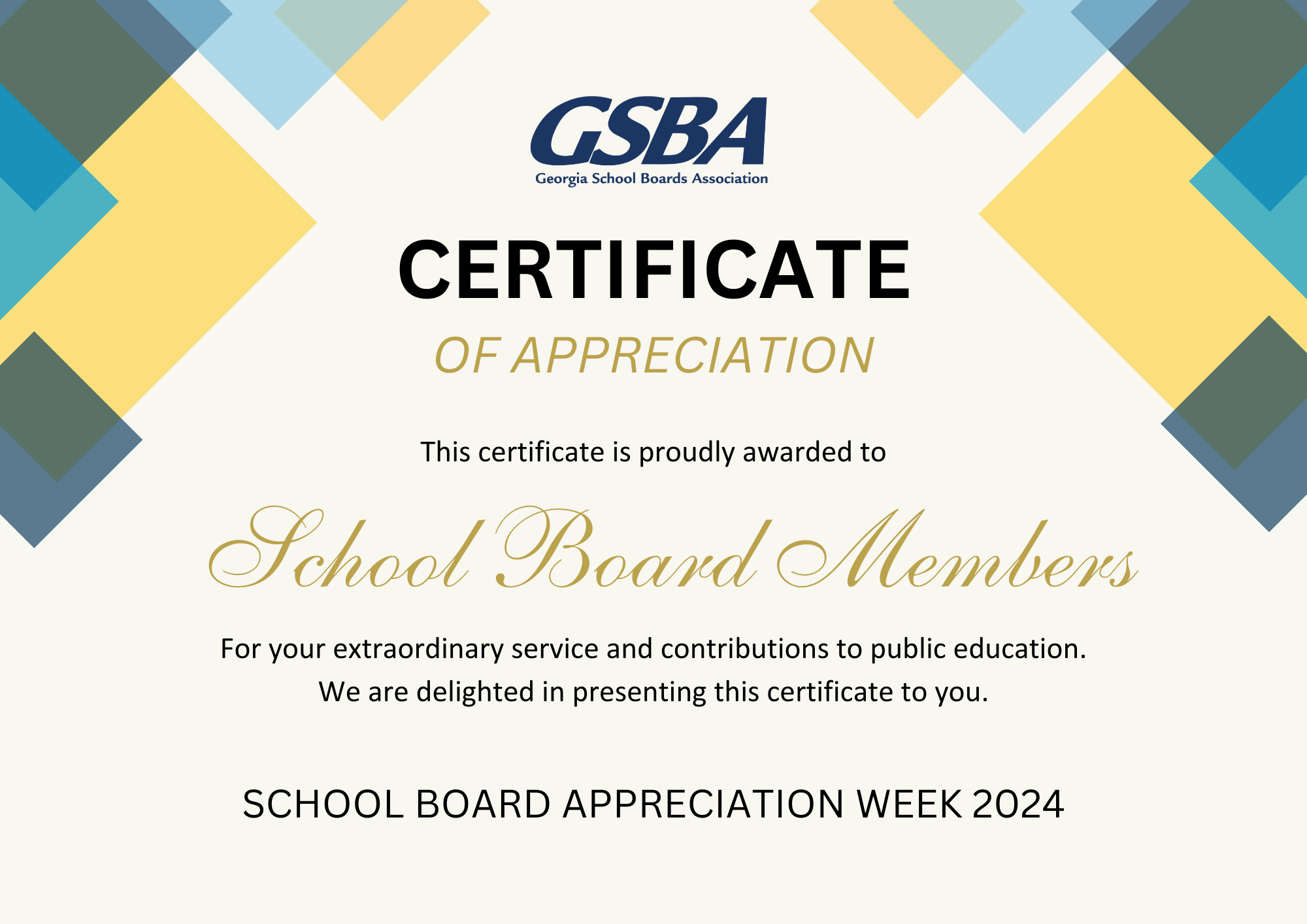 GSBA Certificate of Appreciation